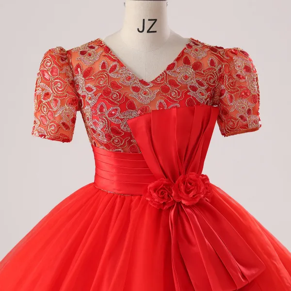 Vintage / Retro Red Bow Sash Lace Flower Prom Dresses 2025 Ball Gown V-Neck Short Sleeve Prom Floor-Length / Long Tulle Formal Dresses