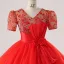 Vintage / Retro Red Bow Sash Lace Flower Prom Dresses 2025 Ball Gown V-Neck Short Sleeve Prom Floor-Length / Long Tulle Formal Dresses