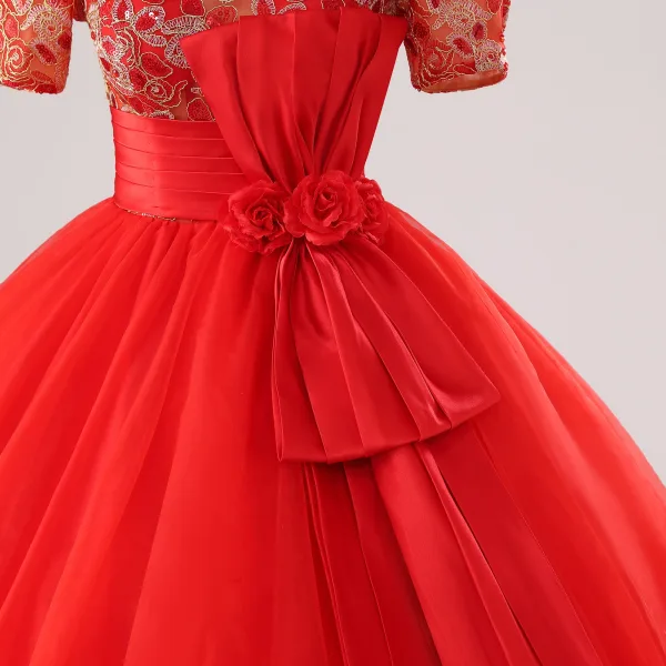 Vintage / Retro Red Bow Sash Lace Flower Prom Dresses 2025 Ball Gown V-Neck Short Sleeve Prom Floor-Length / Long Tulle Formal Dresses