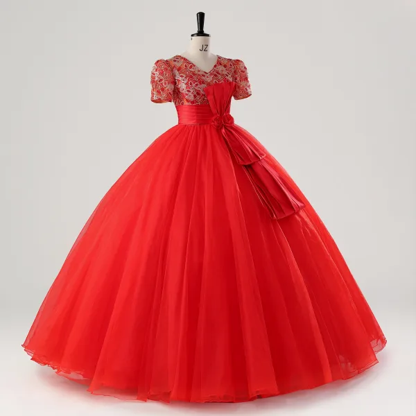Vintage / Retro Red Bow Sash Lace Flower Prom Dresses 2025 Ball Gown V-Neck Short Sleeve Prom Floor-Length / Long Tulle Formal Dresses
