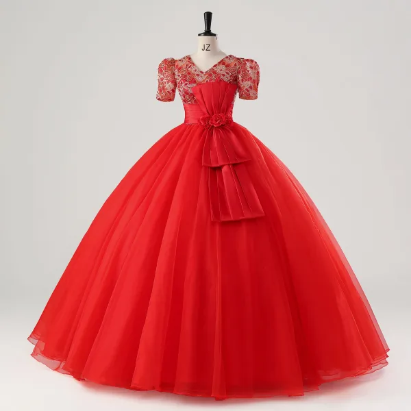 Vintage / Retro Red Bow Sash Lace Flower Prom Dresses 2025 Ball Gown V-Neck Short Sleeve Prom Floor-Length / Long Tulle Formal Dresses