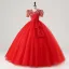 Vintage / Retro Red Bow Sash Lace Flower Prom Dresses 2025 Ball Gown V-Neck Short Sleeve Prom Floor-Length / Long Tulle Formal Dresses