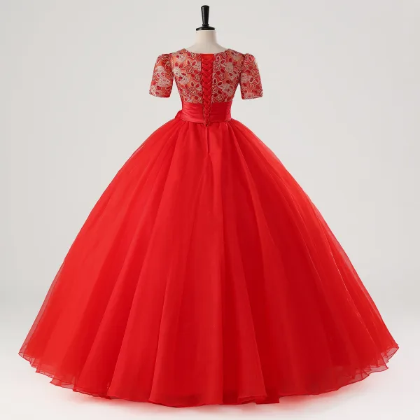 Vintage / Retro Red Bow Sash Lace Flower Prom Dresses 2025 Ball Gown V-Neck Short Sleeve Prom Floor-Length / Long Tulle Formal Dresses