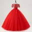 Vintage / Retro Red Bow Sash Lace Flower Prom Dresses 2025 Ball Gown V-Neck Short Sleeve Prom Floor-Length / Long Tulle Formal Dresses