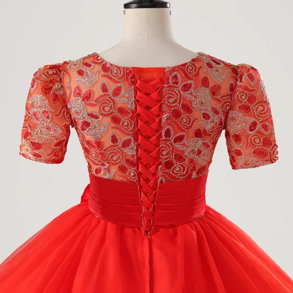 Vintage / Retro Red Bow Sash Lace Flower Prom Dresses 2025 Ball Gown V-Neck Short Sleeve Prom Floor-Length / Long Tulle Formal Dresses