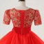 Vintage / Retro Red Bow Sash Lace Flower Prom Dresses 2025 Ball Gown V-Neck Short Sleeve Prom Floor-Length / Long Tulle Formal Dresses