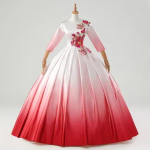 Vintage Retro Multi Colors Red Embroidered Satin Prom Dresses 2025 Ball Gown Scoop Neck 3 4 Sleeve Floor Length Long Prom Formal Dresses