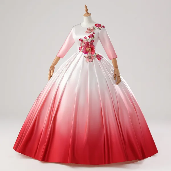 Vintage / Retro Multi-Colors Red Embroidered Satin Prom Dresses 2025 Ball Gown Scoop Neck 3/4 Sleeve Floor-Length / Long Prom Formal Dresses