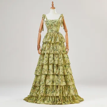 Chic Beautiful Lime Green Cascading Ruffles Printing Prom Dresses 2024 Spaghetti Straps A Line Princess Sleeveless Backless Floor Length Long Prom Formal Dresses