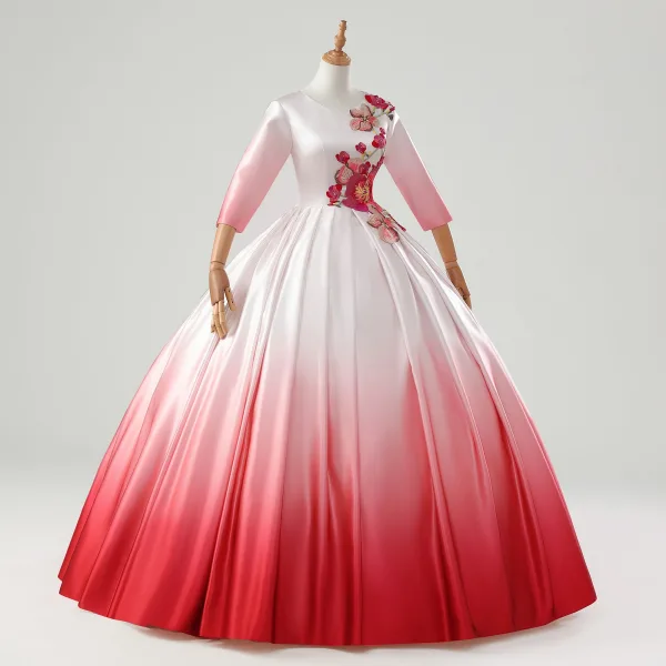 Vintage / Retro Multi-Colors Red Embroidered Satin Prom Dresses 2025 Ball Gown Scoop Neck 3/4 Sleeve Floor-Length / Long Prom Formal Dresses