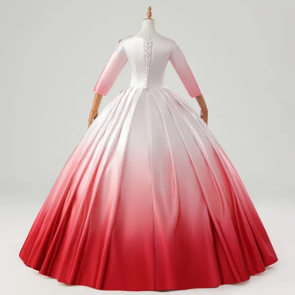 Vintage / Retro Multi-Colors Red Embroidered Satin Prom Dresses 2025 Ball Gown Scoop Neck 3/4 Sleeve Floor-Length / Long Prom Formal Dresses