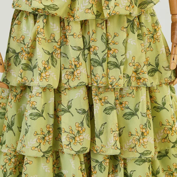 Chic / Beautiful Lime Green Cascading Ruffles Printing Prom Dresses 2024 Spaghetti Straps A-Line / Princess Sleeveless Backless Floor-Length / Long Prom Formal Dresses