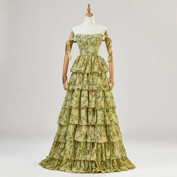 Chic / Beautiful Lime Green Cascading Ruffles Printing Prom Dresses 2024 Spaghetti Straps A-Line / Princess Sleeveless Backless Floor-Length / Long Prom Formal Dresses