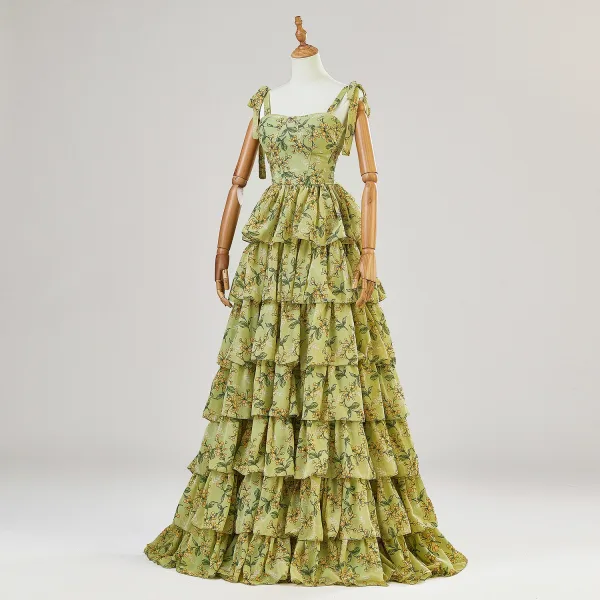 Chic / Beautiful Lime Green Cascading Ruffles Printing Prom Dresses 2024 Spaghetti Straps A-Line / Princess Sleeveless Backless Floor-Length / Long Prom Formal Dresses