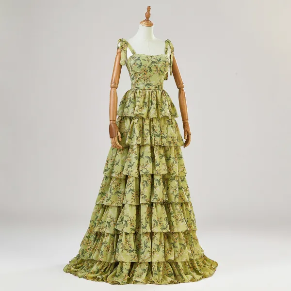 Chic / Beautiful Lime Green Cascading Ruffles Printing Prom Dresses 2024 Spaghetti Straps A-Line / Princess Sleeveless Backless Floor-Length / Long Prom Formal Dresses