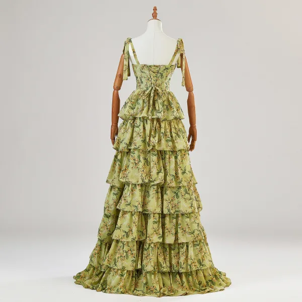 Chic / Beautiful Lime Green Cascading Ruffles Printing Prom Dresses 2024 Spaghetti Straps A-Line / Princess Sleeveless Backless Floor-Length / Long Prom Formal Dresses