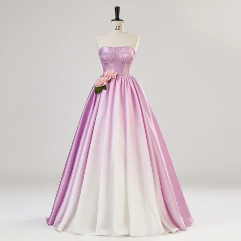 Blumenfee Farbverlauf Pink Perle Applikationen Ballkleider 2024 A Linie Bandeau Ärmellos Rückenfreies Lange Ball Festliche Kleider