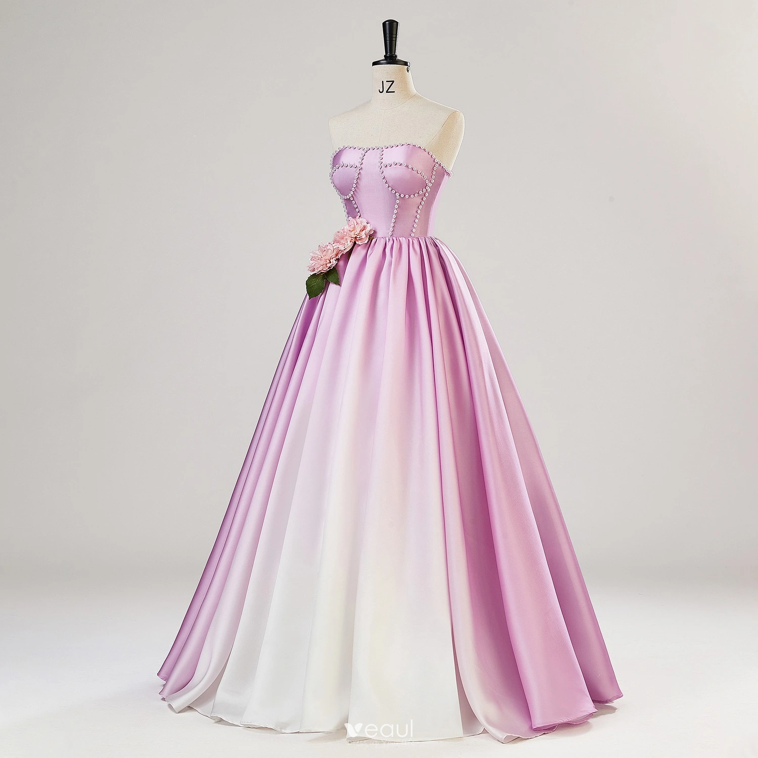 A Line Flower Satin Purple Strapless Prom Dress A Line Flower Satin Purple Strapless Prom Dress
