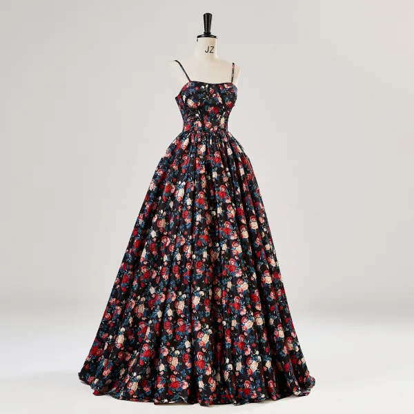 Fancy Multi-Colors Floral Prom Dresses 2024 Ball Gown Spaghetti Straps Sleeveless Backless Floor-Length / Long Prom Formal Dresses