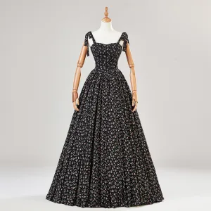 Fancy Black Floral Prom Dresses 2024 Backless A Line Princess Spaghetti Straps Sleeveless Floor Length Long Prom Formal Dresses