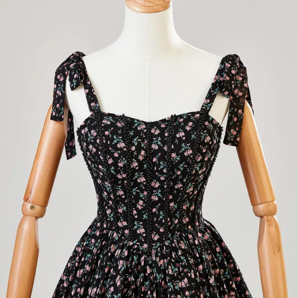 Fancy Black Floral Prom Dresses 2024 Backless A-Line / Princess Spaghetti Straps Sleeveless Floor-Length / Long Prom Formal Dresses