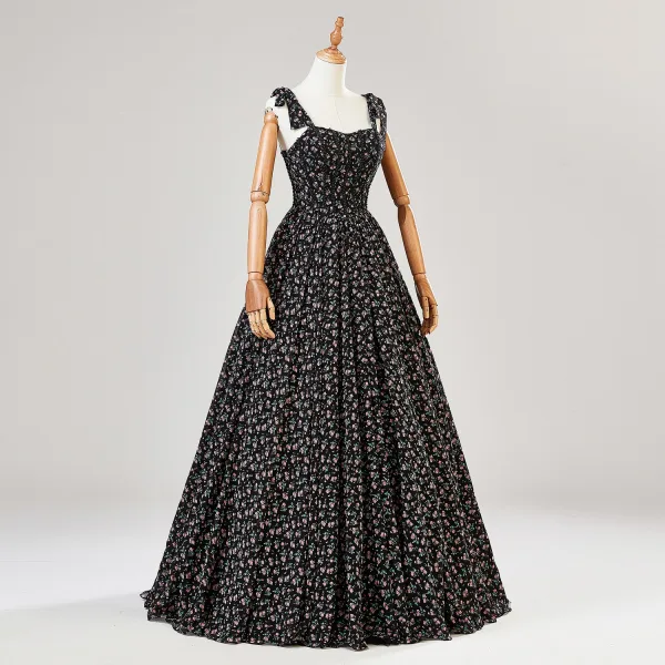 Fancy Black Floral Prom Dresses 2024 Backless A-Line / Princess Spaghetti Straps Sleeveless Floor-Length / Long Prom Formal Dresses
