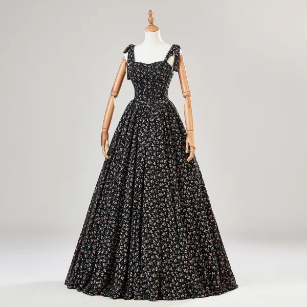 Fancy Black Floral Prom Dresses 2024 Backless A-Line / Princess Spaghetti Straps Sleeveless Floor-Length / Long Prom Formal Dresses