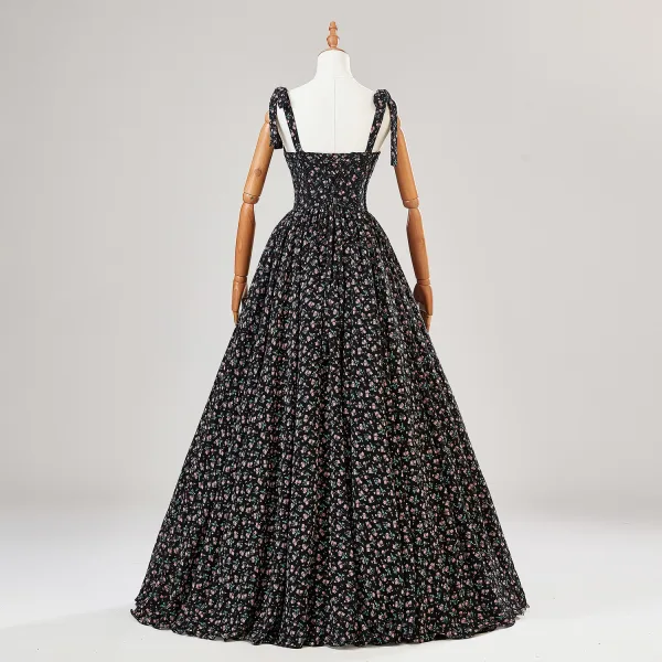 Fancy Black Floral Prom Dresses 2024 Backless A-Line / Princess Spaghetti Straps Sleeveless Floor-Length / Long Prom Formal Dresses