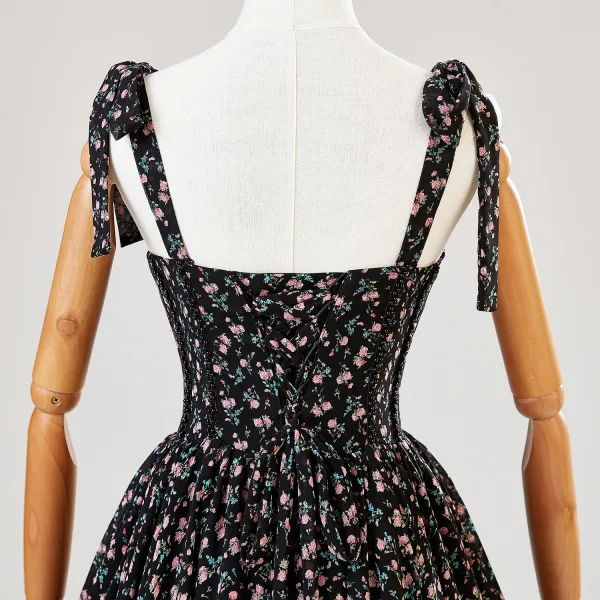 Fancy Black Floral Prom Dresses 2024 Backless A-Line / Princess Spaghetti Straps Sleeveless Floor-Length / Long Prom Formal Dresses
