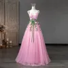 Flower Fairy Candy Pink Prom Dresses 2023 Spaghetti Straps Sleeveless Crossed Straps Flower Lace Floor-Length / Long Tulle Outdoor / Garden A-Line / Princess Formal Dresses
