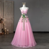 Blumenfee Pink Ballkleider 2023 Spaghettiträger Ärmellos Gekreuzte Träger Blumen Spitze Lange Tülle Garten / Im Freien A Linie Festliche Kleider