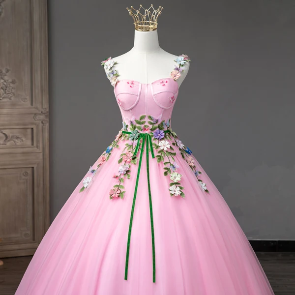 Flower Fairy Candy Pink Prom Dresses 2023 Spaghetti Straps Sleeveless Crossed Straps Flower Lace Floor-Length / Long Tulle Outdoor / Garden A-Line / Princess Formal Dresses