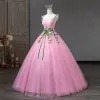 Flower Fairy Candy Pink Prom Dresses 2023 Spaghetti Straps Sleeveless Crossed Straps Flower Lace Floor-Length / Long Tulle Outdoor / Garden A-Line / Princess Formal Dresses