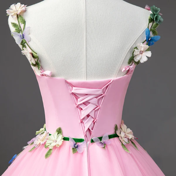 Flower Fairy Candy Pink Prom Dresses 2023 Spaghetti Straps Sleeveless Crossed Straps Flower Lace Floor-Length / Long Tulle Outdoor / Garden A-Line / Princess Formal Dresses