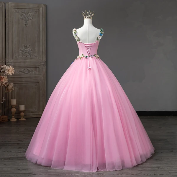 Flower Fairy Candy Pink Prom Dresses 2023 Spaghetti Straps Sleeveless Crossed Straps Flower Lace Floor-Length / Long Tulle Outdoor / Garden A-Line / Princess Formal Dresses