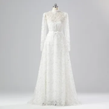 Horizon Enneigé Princesse Col Haut Manches Longues Blanche Perle Paillettes Robe De Mariée 2025 Fermeture Éclair Longue Tulle
