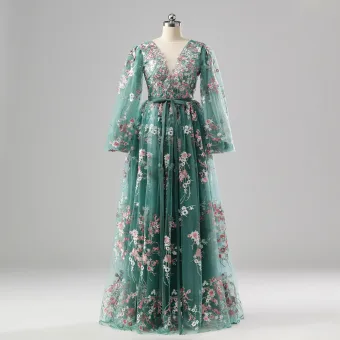 Flower Fairy Sage Green Damask Prom Dresses Floral Red Carpet Formal Dresses 2025 A Line Princess Crossed Straps Floor Length Long V Neck Long Sleeve