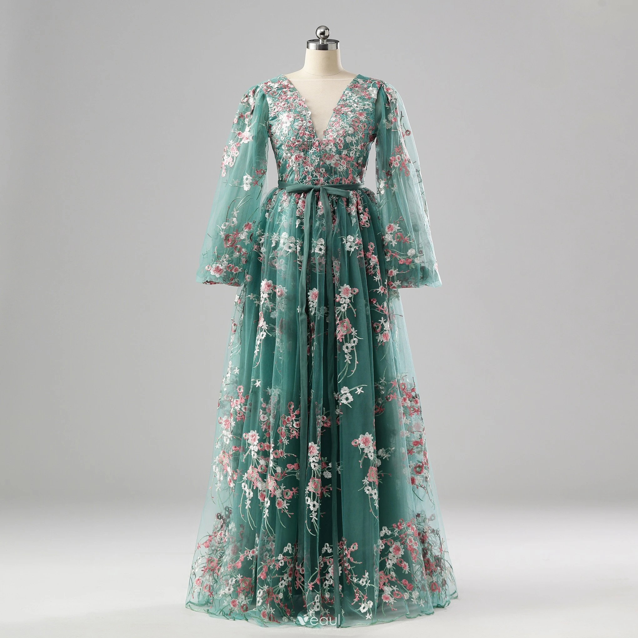 Flower Fairy Sage Green Damask Prom Dresses Floral Red Carpet Formal Dresses  2025 A-Line / Princess Crossed Straps Floor-Length / Long V-Neck Long Sleeve