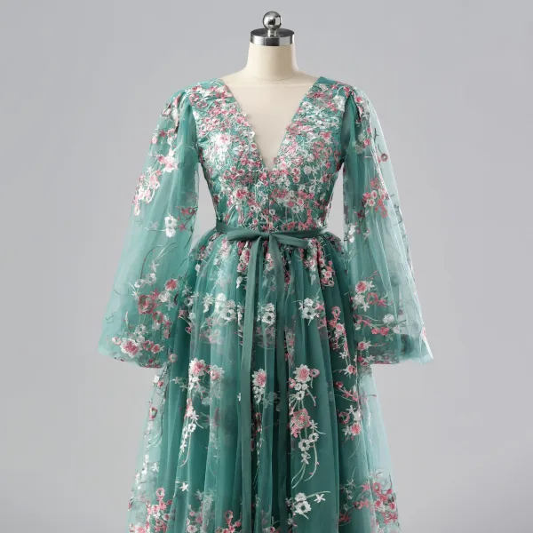 Fée Des Fleurs Vert Cendré Damassée Robe De Bal Floral Tapis rouge Robe De Cérémonie 2025 Princesse Bretelles croisées Longue V-Cou Manches Longues