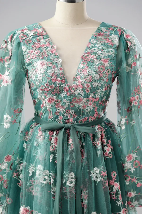 Fée Des Fleurs Vert Cendré Damassée Robe De Bal Floral Tapis rouge Robe De Cérémonie 2025 Princesse Bretelles croisées Longue V-Cou Manches Longues