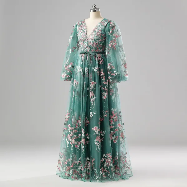 Fée Des Fleurs Vert Cendré Damassée Robe De Bal Floral Tapis rouge Robe De Cérémonie 2025 Princesse Bretelles croisées Longue V-Cou Manches Longues