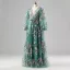 Fée Des Fleurs Vert Cendré Damassée Robe De Bal Floral Tapis rouge Robe De Cérémonie 2025 Princesse Bretelles croisées Longue V-Cou Manches Longues