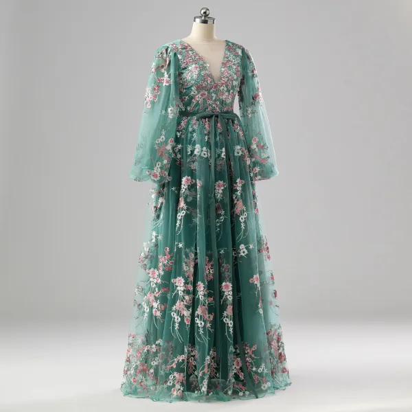 Fée Des Fleurs Vert Cendré Damassée Robe De Bal Floral Tapis rouge Robe De Cérémonie 2025 Princesse Bretelles croisées Longue V-Cou Manches Longues
