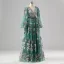 Fée Des Fleurs Vert Cendré Damassée Robe De Bal Floral Tapis rouge Robe De Cérémonie 2025 Princesse Bretelles croisées Longue V-Cou Manches Longues
