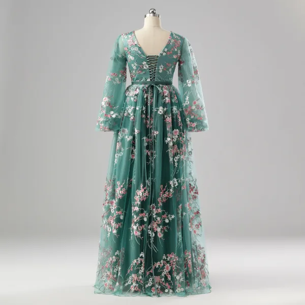 Fée Des Fleurs Vert Cendré Damassée Robe De Bal Floral Tapis rouge Robe De Cérémonie 2025 Princesse Bretelles croisées Longue V-Cou Manches Longues
