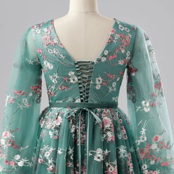Fée Des Fleurs Vert Cendré Damassée Robe De Bal Floral Tapis rouge Robe De Cérémonie 2025 Princesse Bretelles croisées Longue V-Cou Manches Longues