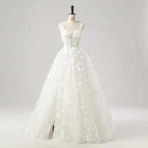 Blomsterfe 3d Lace Hvit Brudekjoler Fendue Devant Ballkjoler 2025 Prinsesse Uten Ermer Forlovelses Kryssede Stropper Lange Skuldre