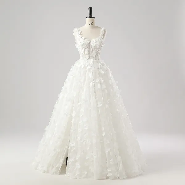 Flower Fairy 3D Lace White Wedding Dresses Split Front Prom Dresses 2025 A-Line / Princess Sleeveless Engagement Crossed Straps Floor-Length / Long Shoulders