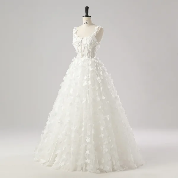 Flower Fairy 3D Lace White Wedding Dresses Split Front Prom Dresses 2025 A-Line / Princess Sleeveless Engagement Crossed Straps Floor-Length / Long Shoulders