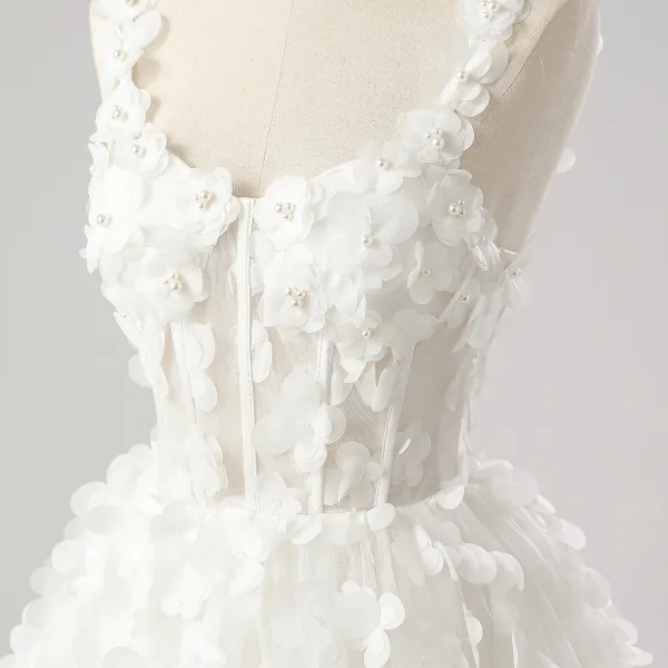 Flower Fairy 3D Lace White Wedding Dresses Split Front Prom Dresses 2025 A-Line / Princess Sleeveless Engagement Crossed Straps Floor-Length / Long Shoulders